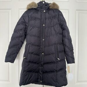 MICHAEL Michael Kors Coat Womens Large Gunmetal Hooded Puffer Faux Fur Down Long